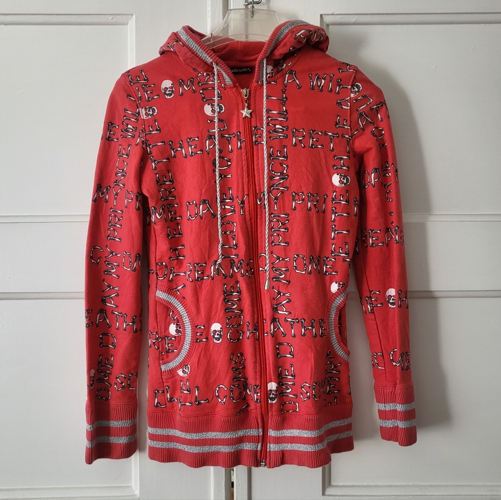 Vintage Rare Heatherette Red Skull Bones Full Zip Up Hooded Sweatshirt XS Y2K